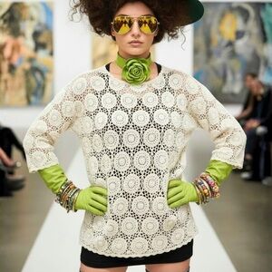 Maggie Lawrence Crochet Top Vintage 90s Coastal Grandma Ivory Medallion L